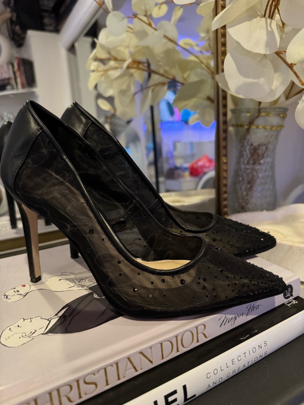 Black Mesh Pointed Toe Stiletto Pumps